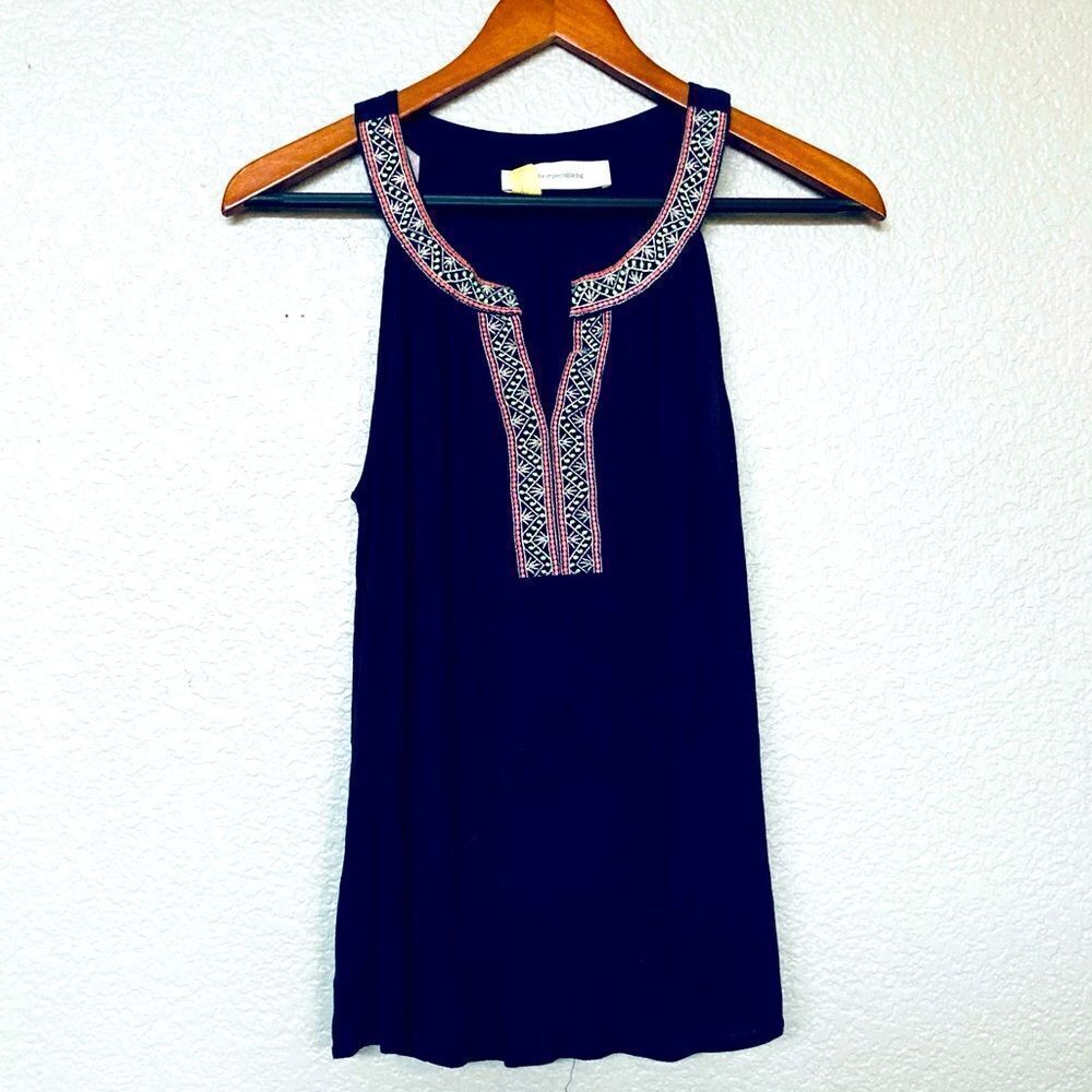The Impeccable Pig Boho Embroidered Flowy Navy Top